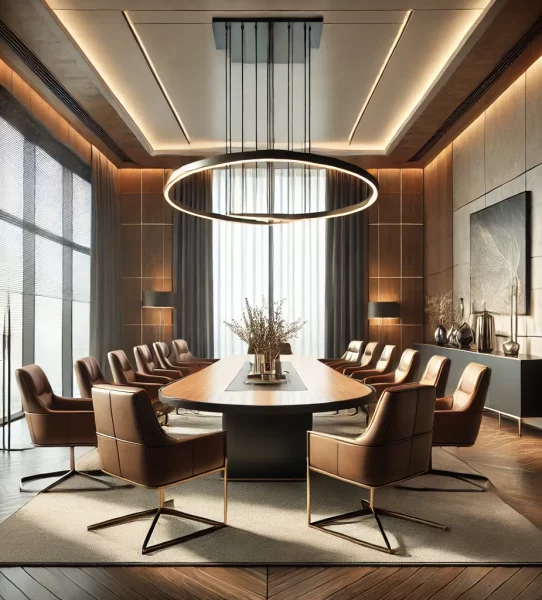 DALL·E 2025-03-24 11.51.12 - A modern executive dining room design with a luxurious and professional ambiance. The space features a large polished wood dining table surrounded by