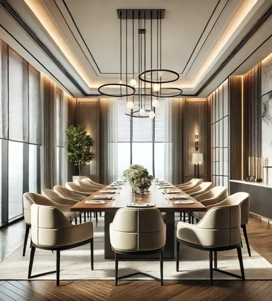 DALL·E 2025-03-24 11.51.14 - A professional modern dining room design with a sophisticated and elegant atmosphere. The room features a high-end wooden dining table with leather or