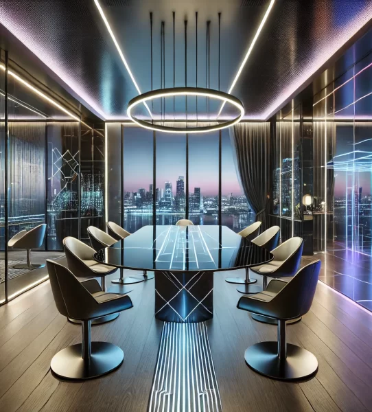 DALL·E 2025-03-24 11.51.15 - A futuristic modern dining room design with a sleek glass dining table, high-tech LED ambient lighting, and ultra-modern chairs. The room features a c