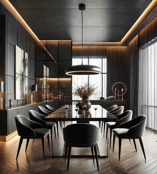 DALL·E 2025-03-24 11.51.17 - A modern dining room design with a dark theme. The room features a sleek black marble dining table with dark velvet chairs. The lighting is moody and