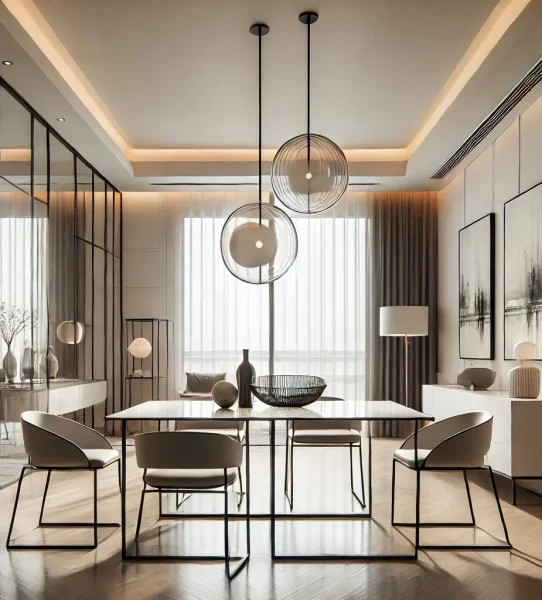 DALL·E 2025-03-24 11.51.21 - A modern dining room design featuring sleek furniture, a glass dining table with metal legs, and minimalist chairs. The room has neutral tones like wh