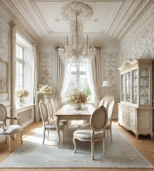 DALL·E 2025-03-24 11.51.45 - A bright and airy classic-style dining room with a white and pastel color palette. The room features a light wooden dining table, upholstered chairs w