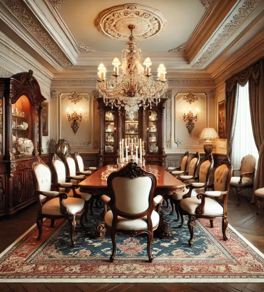 DALL·E 2025-03-24 11.51.48 - A classic-style dining room with a rich wooden dining table, upholstered chairs with elegant carvings, and a grand chandelier. The walls feature decor